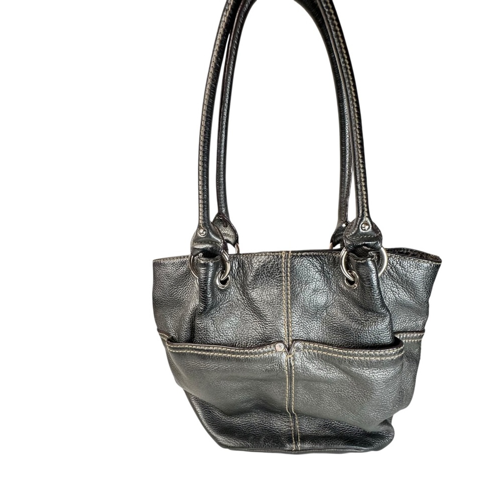 Tignanello Black Pebbled Leather Satchel Zip Top Shoulder Handbag Classic